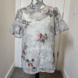 Sundance Lace Floral Embroidered Blouse Womens Medium Taupe Sheer Flutter Sleeve